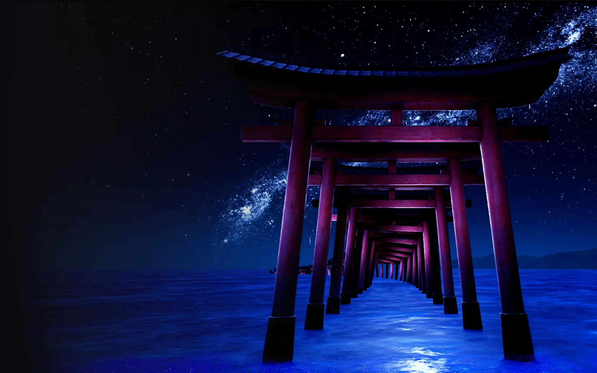 Image tirée de l'expérience de VR, montrant une allée de portails traditionnels japonais s'enfonçant dans l'eau, sous un ciel étoilé.