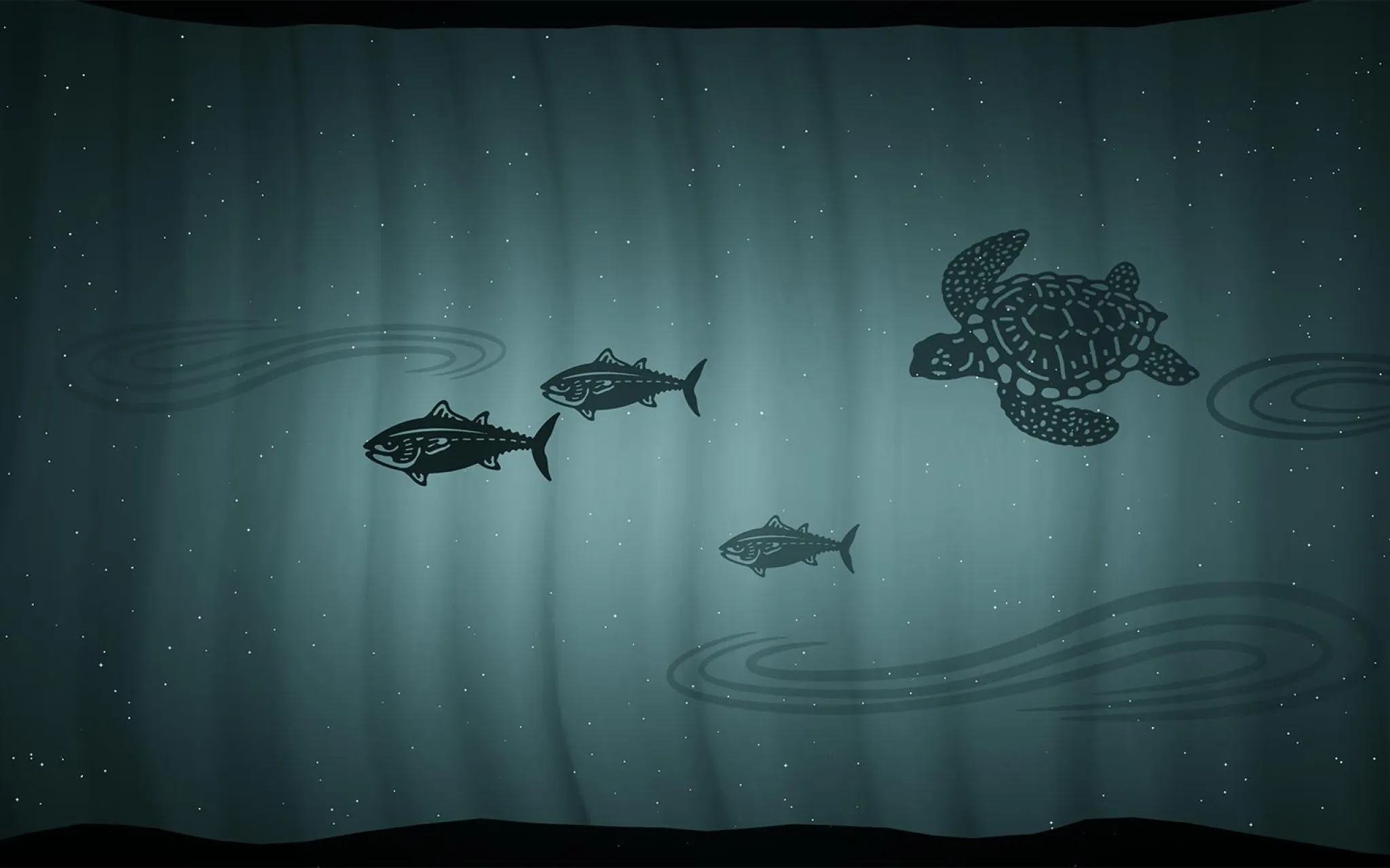 Dessins de tortue et de poissons à la manière d'ombres chinoises.