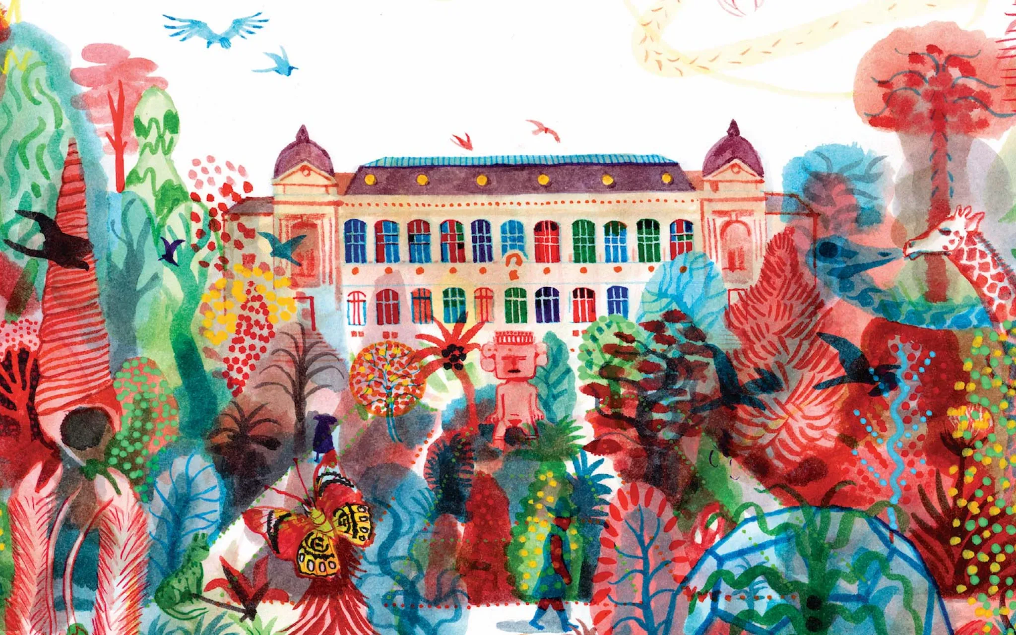 Détail de l'illustration de Brecht Evens, « Chroniques du Muséum », représentant une maison colorée et son jardin