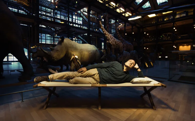 Photo de l'auteur Éric Chevillard allongé sur un lit de camp dans la Grande Galerie de l'Évolution