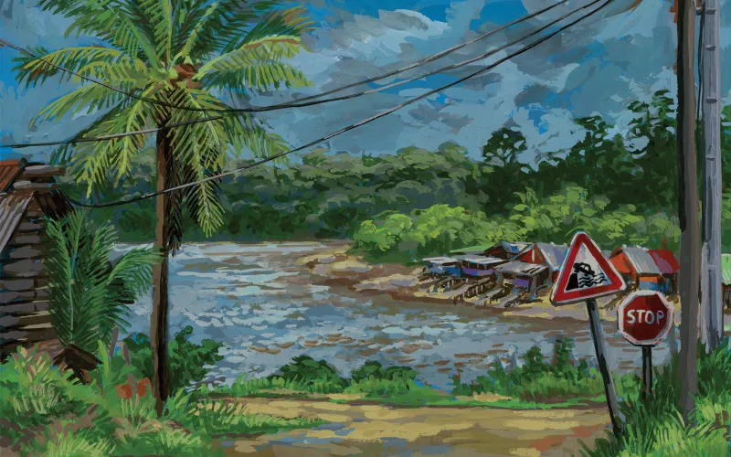 Gouache sur papier teinté représentant le dégrad de Maripasoula, point de départ pour l’Amazonie et le Haut-Maroni