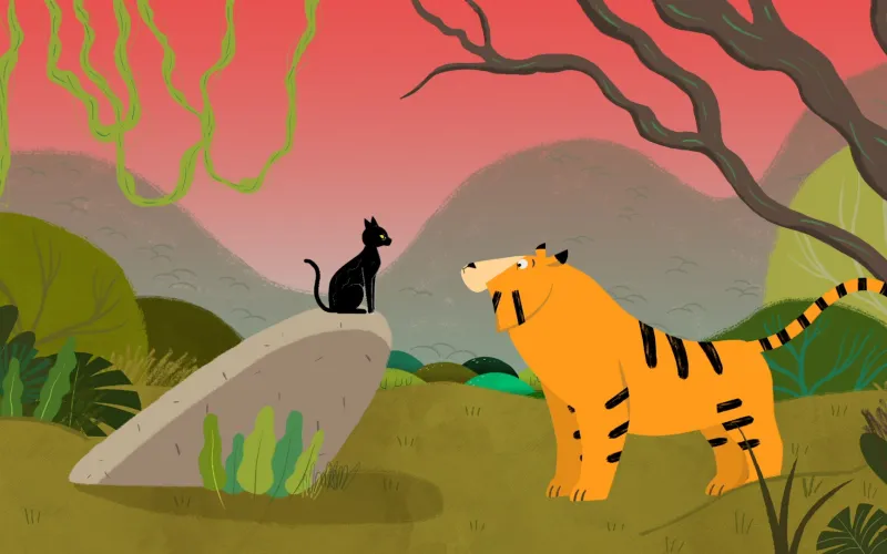 Un chat noir et un tigre