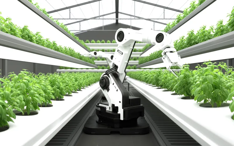 Bras robotique dans une ferme urbaine verticale, agriculture du futur