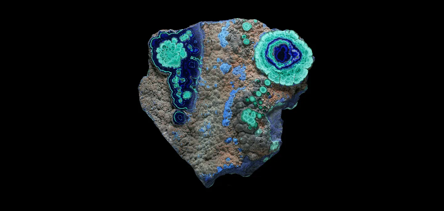 Spécimen présentant des couches concentriques de malachite verte et d’azurite bleu © MNHN - L.-D. Bayle Spécimen présentant des couches concentriques de Malachite verte et d’Azurite bleu