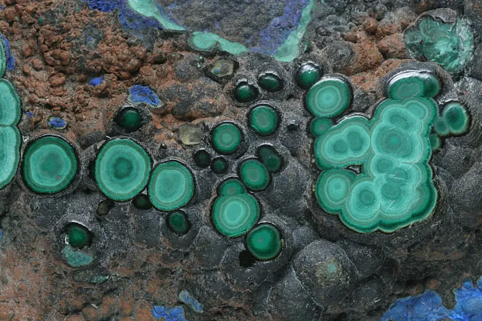 Zoom sur les couches concentriques de Malachite verte et d’Azurite bleu nuit