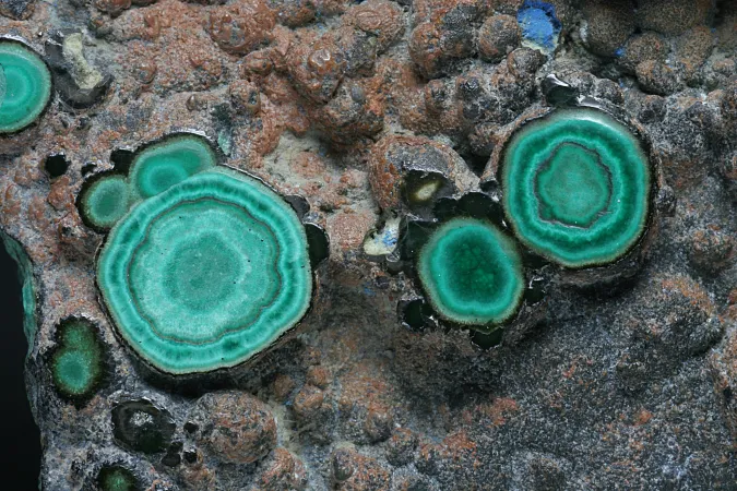 Zoom sur les couches concentriques de Malachite verte et d’Azurite bleu nuit