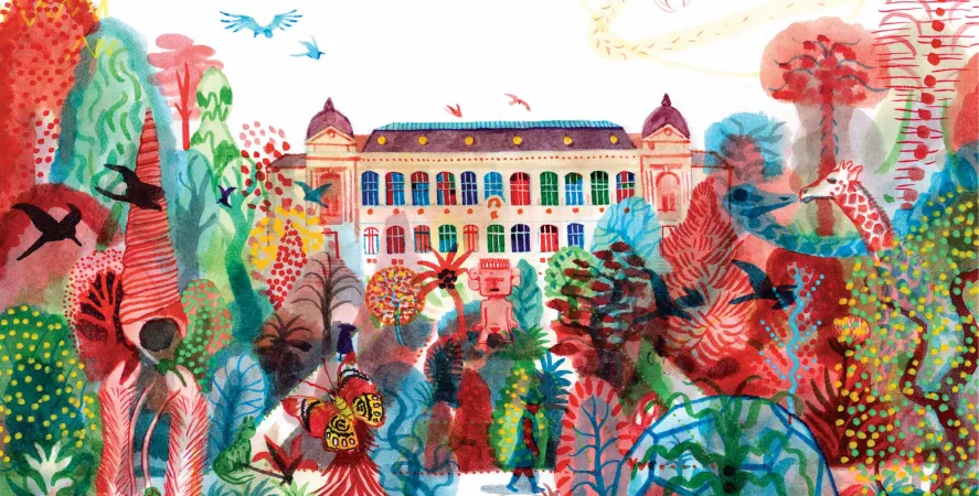 Détail de l'illustration de Brecht Evens, « Chroniques du Muséum », représentant une maison colorée et son jardin