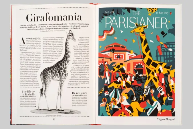 Photo d'une double page du livre « The Parisianer. Chroniques du Muséum », intitulée « Girafomania »
