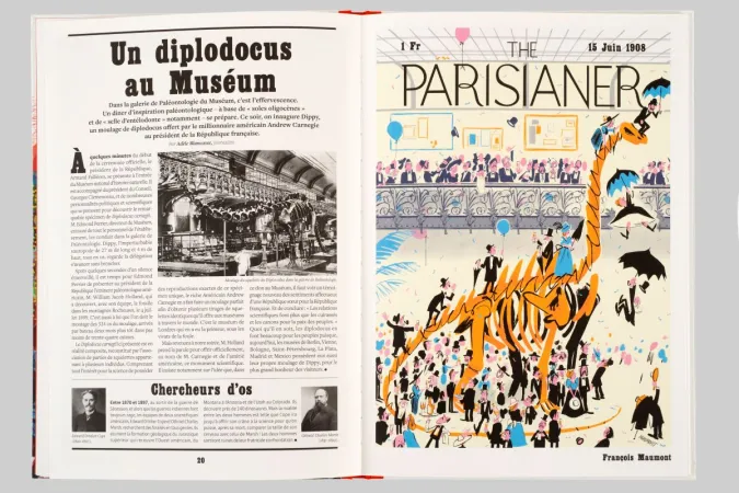 Photo d'une double page du livre « The Parisianer. Chroniques du Muséum », intitulée « Un diplodocus au Muséum »