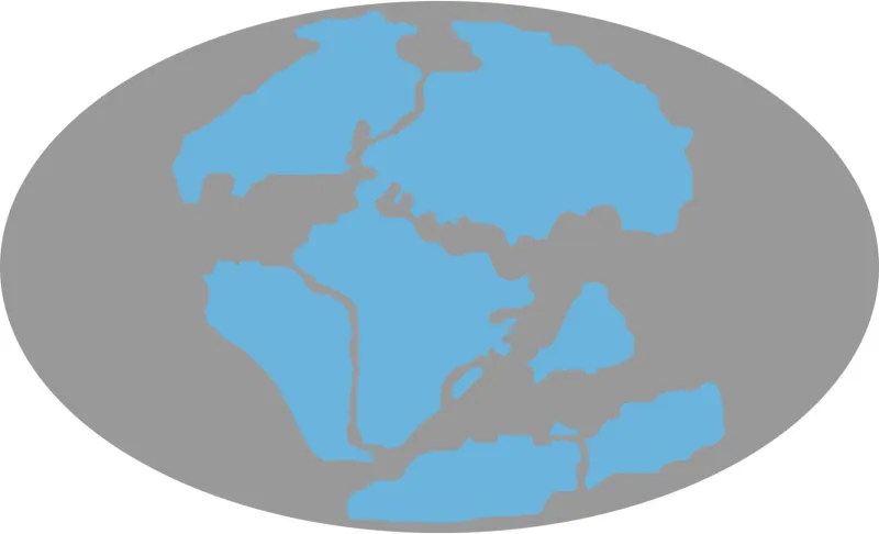 Illustration de la position des continents à la fin du Jurassique. L'Amérique, l'Europe et l'Asie constituent un bloc continental au Nord, les autres blocs continentaux, au Sud, commencent à se séparer.